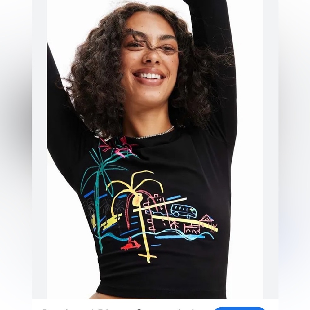 Desigual Black Long Sleeve Top - Colorful Embroidered Tropical Graphic - Size M